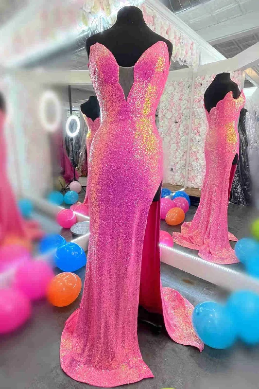 Instant Discount Sequin Hot Pink Plunging Neck Long Prom Dress with Slit