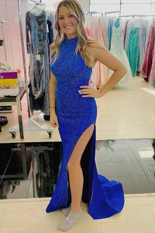 Great Bargains Tie Back Royal Blue Prom Dress with Slit