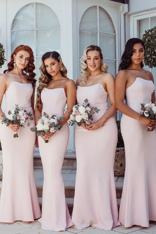 Price Slash Elegant Strapless Mermaid Floor-Length Pink Bridesmaid Dress