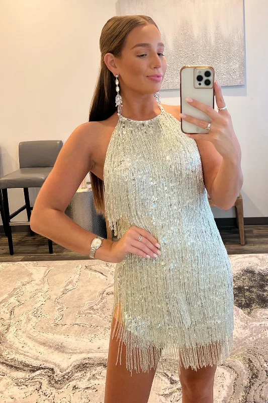 Big Discounts White Sequins Halter Sleeveless Homecoming Dress with Tassels