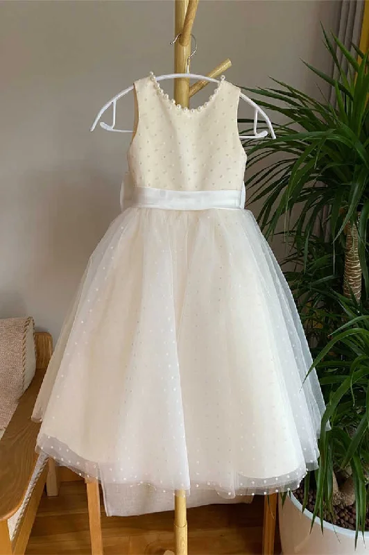 Special Promotion Cute Champagne Beaded Girl Party Dress with Dots