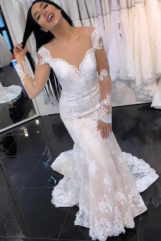Value Deals Princess Long Sleeves Mermaid V-Neck Ivory Wedding Dress with Lace