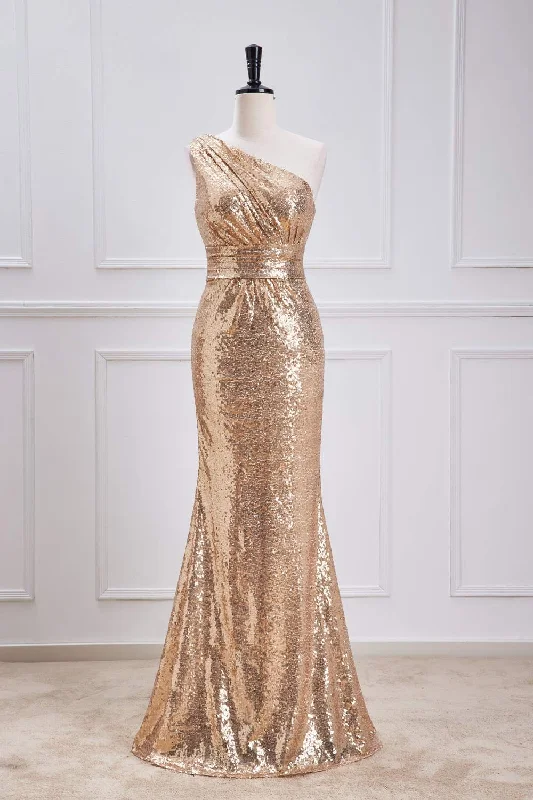 Final Sale One Shoulder Pleated Gold Sequin Mermaid Bridesmaid Dress