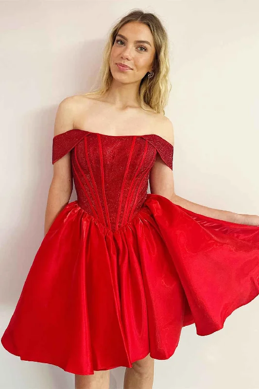 Extra Savings Cute Off the Shoulder Red Beaded A-Line Party Dress