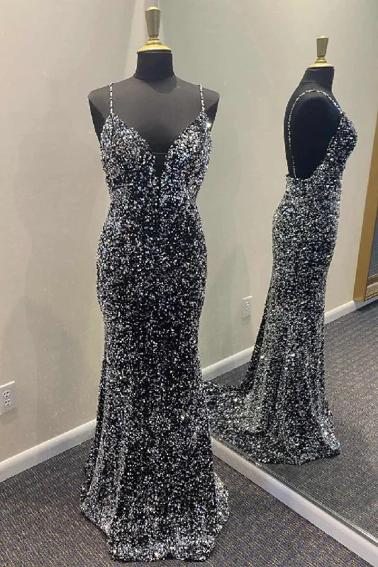 Price Slash Black Sequins Spaghetti Straps Long Prom Dress