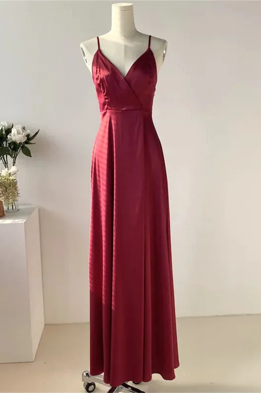 Year-End Sale Straps Wine Red Satin Long Bridesmaid Dress