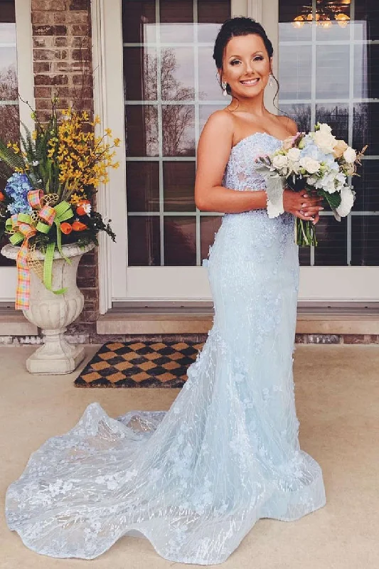 Price Smash Gorgeous Strapless Light Blue Appliques Long Prom Dress