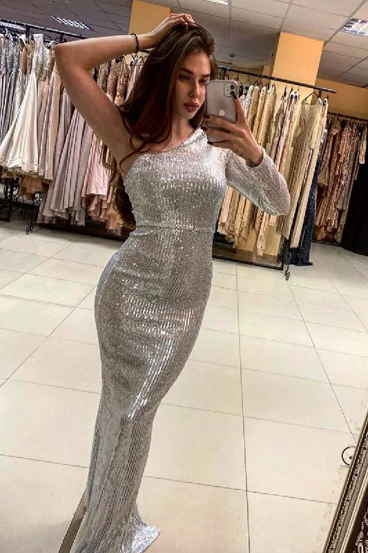 Last Chance Sparkly Mermaid One Shoulder Silver Long Prom Dress with Slit