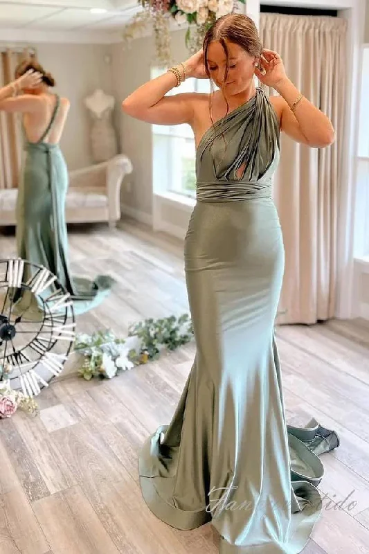 Instant Discount Convertible Green Satin Mermaid Long Bridesmaid Dress