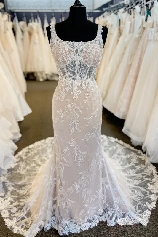 Low Prices Sheer Lace Bodice Ivory Square Neck Wedding Dress