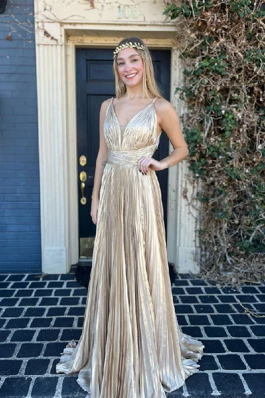 Great Deals Champagne V-Neck Metallic Pleated A-line Prom Dress