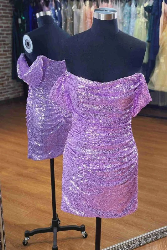 Limited Time Offer Off-Shoulder Lavender Sequins Ruched Short Homecoming Dress