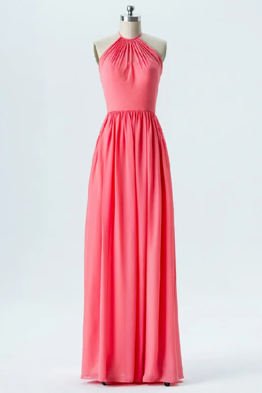 Great Deals Backless Watermelon Halter Bridesmaid Dress