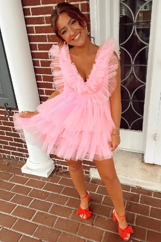 Time-Limited Offer Cute Pink Ruffled Tiered Tulle Short Homecoming Dress