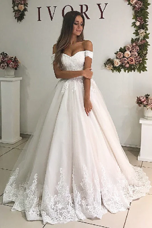 Unbeatable Prices Princess Long A-line Off Shoulder Ivory Wedding Dress with Lace
