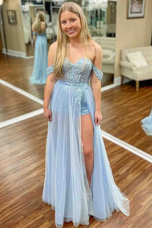 Grand Opening Sale Off-Shoulder Light Blue A-line Tulle Applique Long Prom Dress