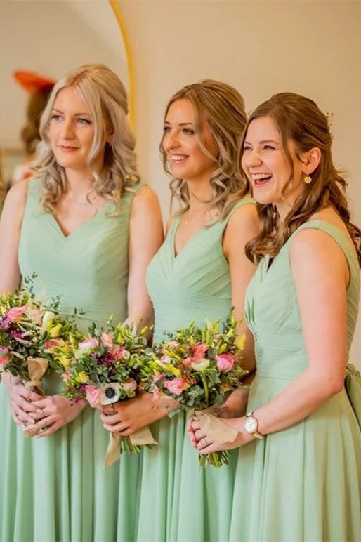 Price Buster Pleated Sage Green V-Neck Long Bridesmaid Dress with Sash