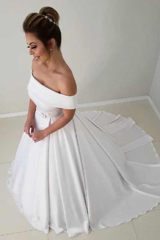 Instant Discount Princess Long A-line Off Shoulder White Wedding Dress with Bow