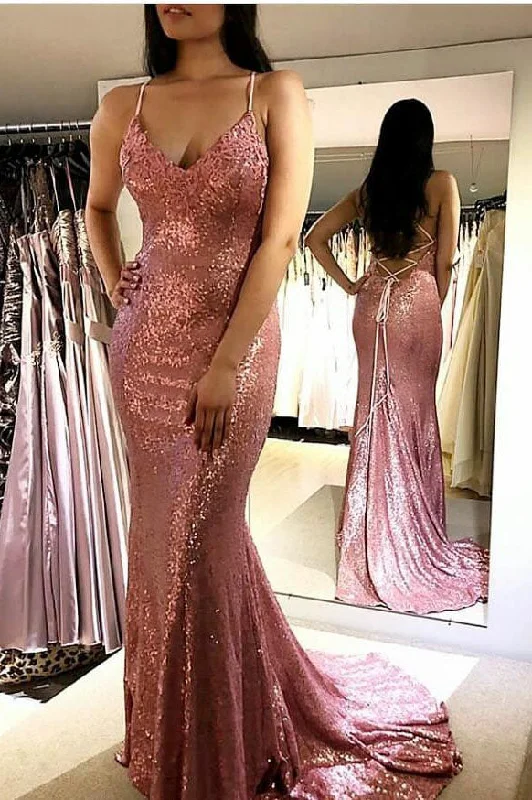 Hot Deal Sparkle Sequins Watermelon Mermaid Long Evening Dress