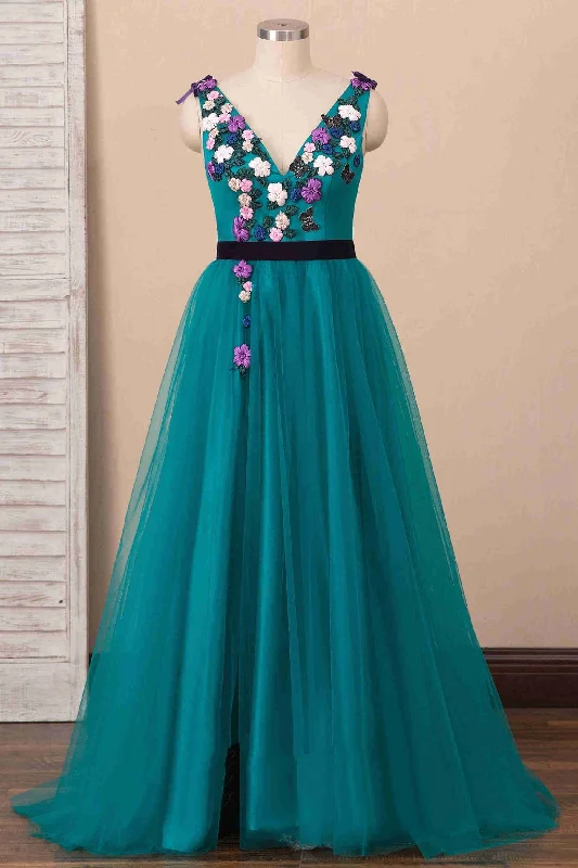 Now or Never Elegant V-Neck Teal Long Prom Dress with Embroidery