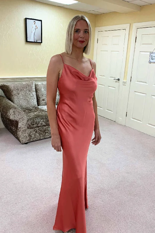 Today’s Deal Tie Back Cowl Neck Long Coral Bridesmaid Dress
