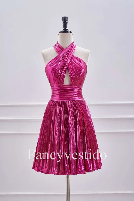 Price Blitz Fuchsia Halter Metallic Pleated A-Line Cocktail Dress