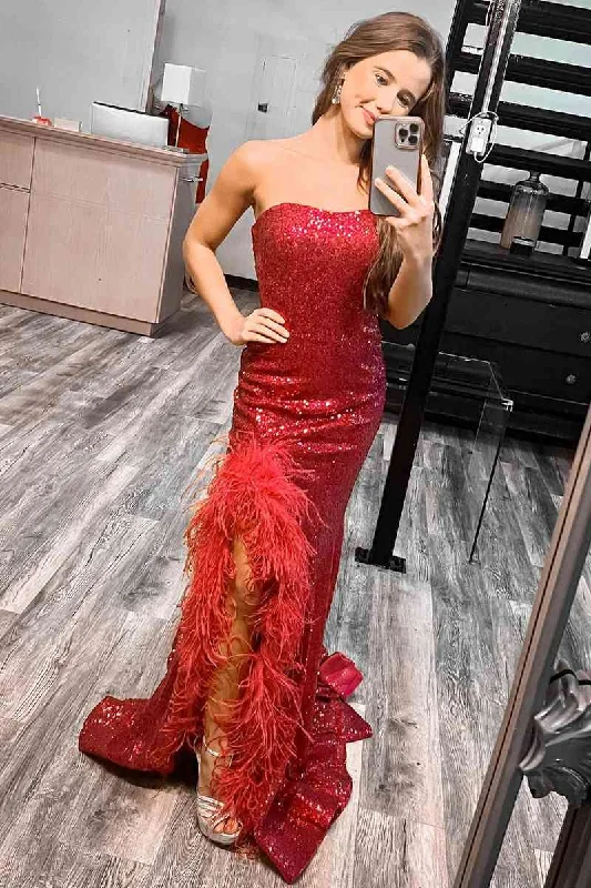 Stock Up and Save Long Strapless Red Prom Dress with Feather Slit