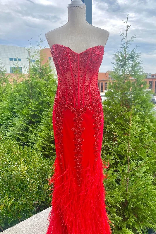 Price Break Mermaid Strapless Sequin-Embroidered Long Prom Dress with Feathers