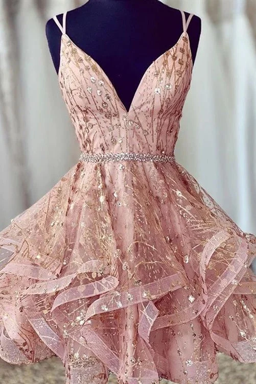 Crazy Deals Glitter V-Neck Short Blush Pink Homecoming Dress with Ruffles
