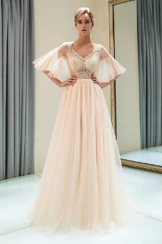 Super Savings V-Neck Bell Sleeves Beading Champagne Prom Dress with Slit