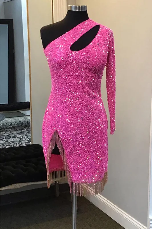 Savings Galore Hot Pink One Shoulder Cutout Long Sleeve Short homecoming Dress with Tassel