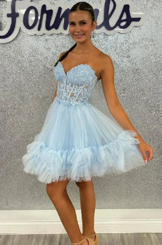 Weekend Deal Sweetheart Light Blue Sheer Corset Ruffle Homecoming Dress with Appliques
