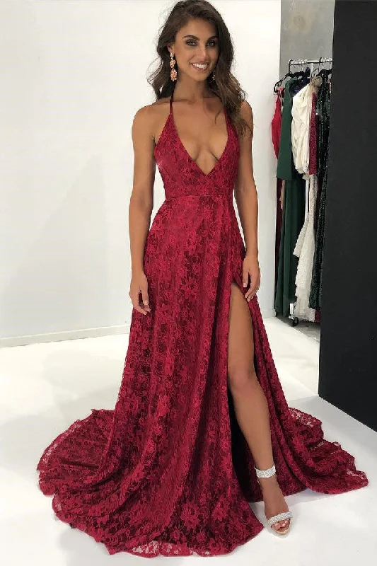 Steals and Deals Sexy Deep V Neck Wine Red Lace Long Evening Dress