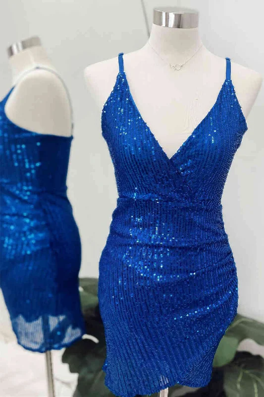 Sneak Peek Sale V-Neck Sequined Blue Bodycon Homecoming Dress