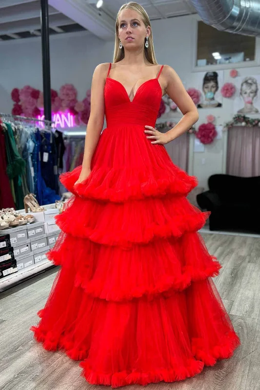 Mega Sale Straps Red Corset Tiered Tulle Long Formal Dress