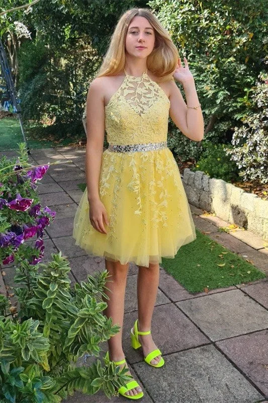 Shop and Save Free Shipping Halter Appliqued Yellow Homecoming Dress