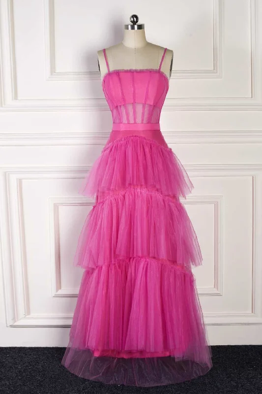 Limited Availability Straps Hot Pink Ruffle Layered Prom Dress