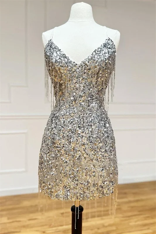 Bonus Savings Silver V Neck Lace-Up Sequins Tight Homecoming Dress with Tassels