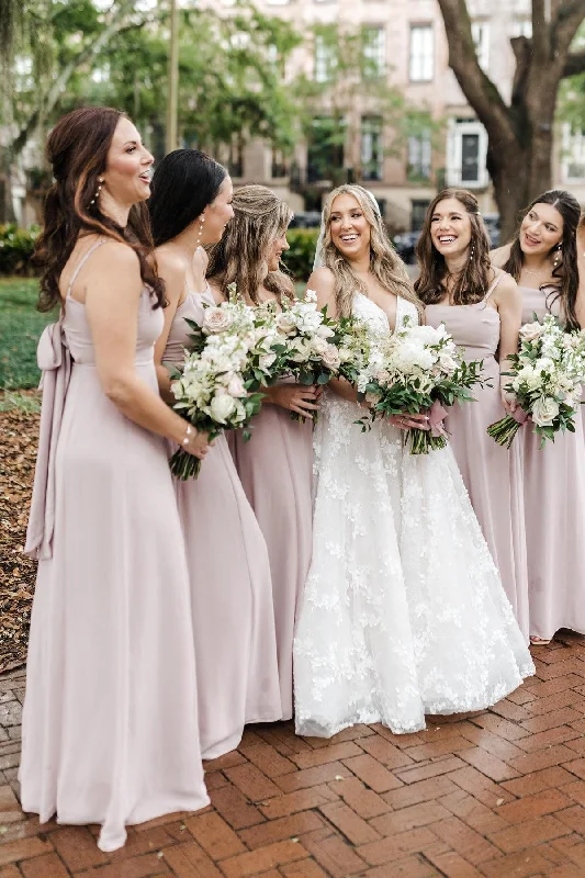 Best Bargains Tie Back Blush Pink A-Line Long Bridesmaid Dress