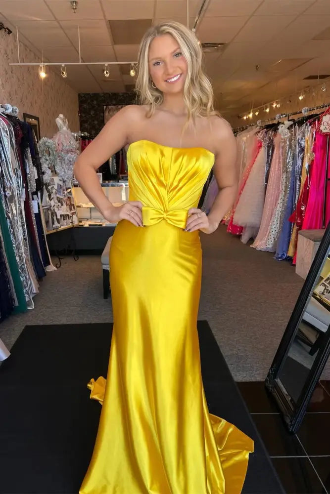 Exclusive Online Offer Yellow Strapless Mermaid Long Prom Dress with Bow