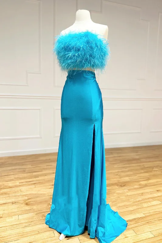 Best Seller Jade Two-Piece Feathers Strapless Satin Long Prom Dress with Slit