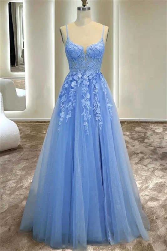Deal Frenzy Blue Straps Appliques Tulle A-line Long Prom Dress with Slit