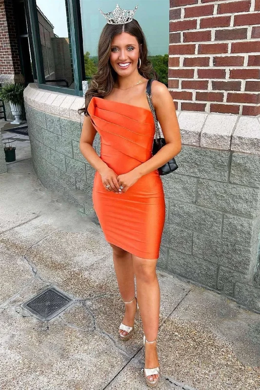 Don't Wait Orange Strapless Pleated Bodycon Homecoming Dress