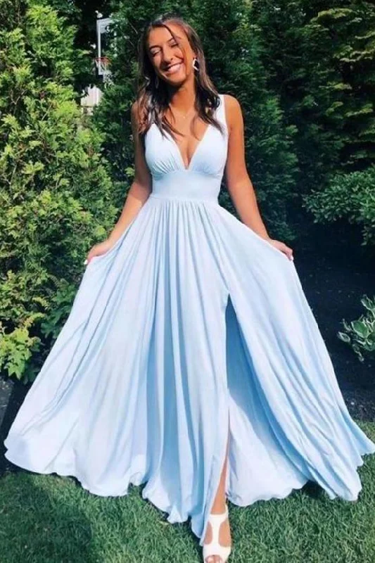Incredible Offers A-line Deep V-Neck Light Sky Blue Long Prom Dress with Slit