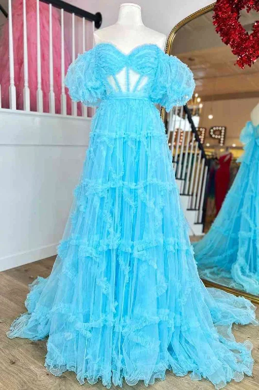 Super Savings Princess Off-Shoulder Light Blue Ruffle Long Prom Dress with Balloon Sleeves