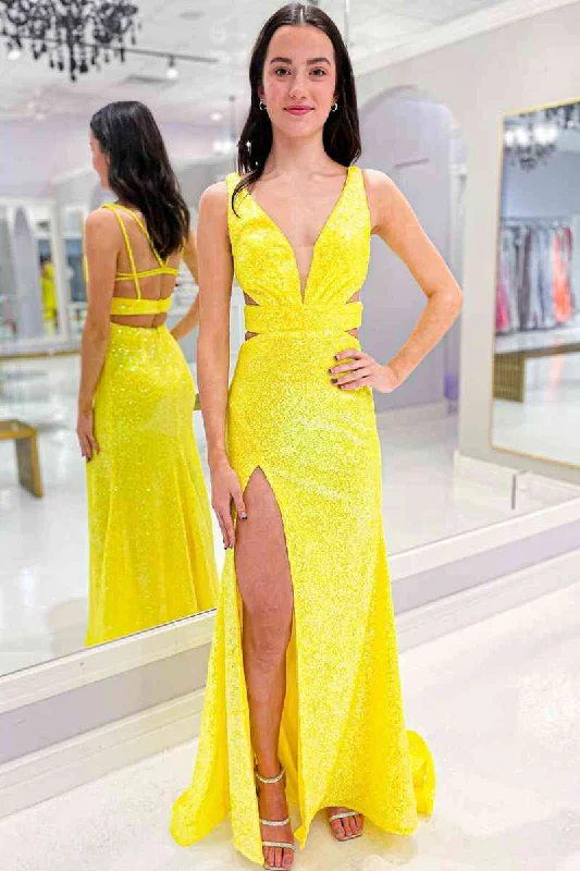 Exclusive Deal Cutout Yellow Sequins V-Neck Long Prom Dress with Slit