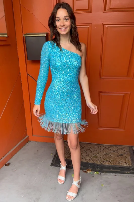Stock Clearance Pool Blue One Shoulder Long Sleeve Tight Homecoming Dress with Tassel
