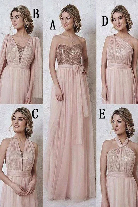 Stock Clearance Convertible Rose Gold Long Bridesmaid Dress with Sequins