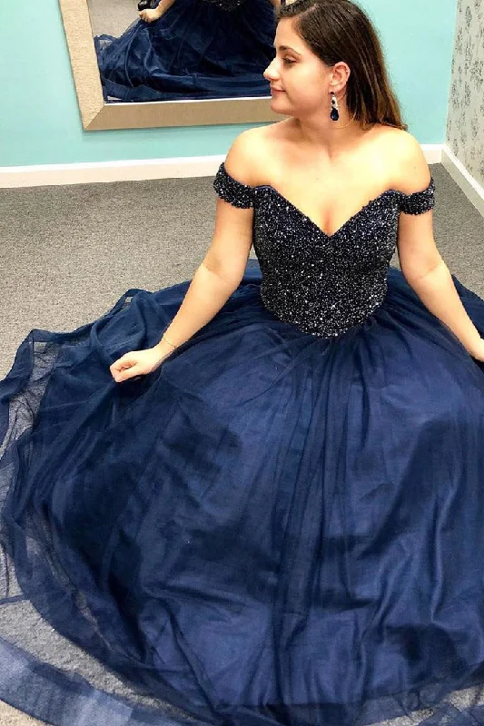 Early Access Off the Shoulder Navy Blue Long Prom Dress with Beading Top