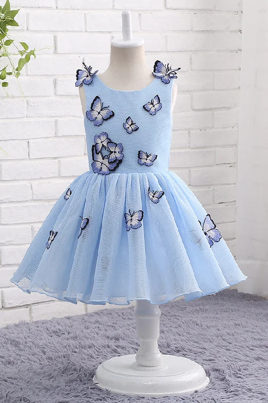 Special Savings Light Blue Short Flower Girl Dress with Butterfly Applique